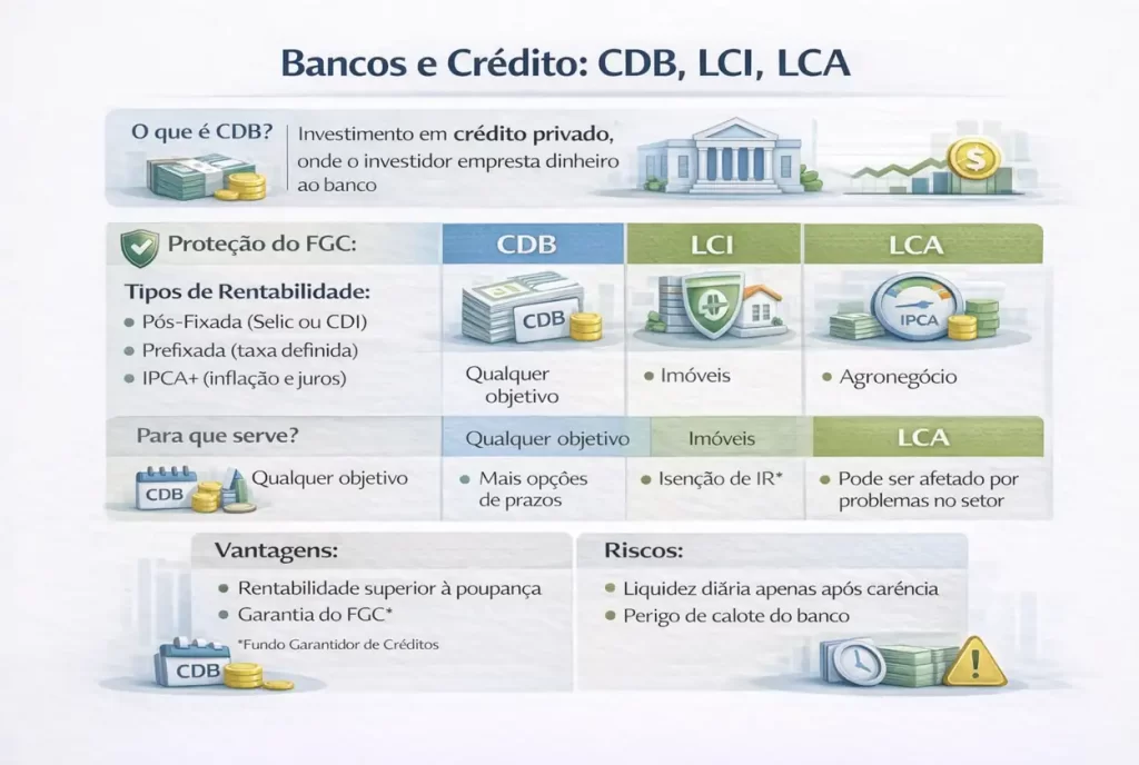 Infográfico comparando CDB, LCI e LCA, mostrando proteção do FGC, tipos de rentabilidade, objetivos de uso, vantagens e riscos de cada investimento em renda fixa.