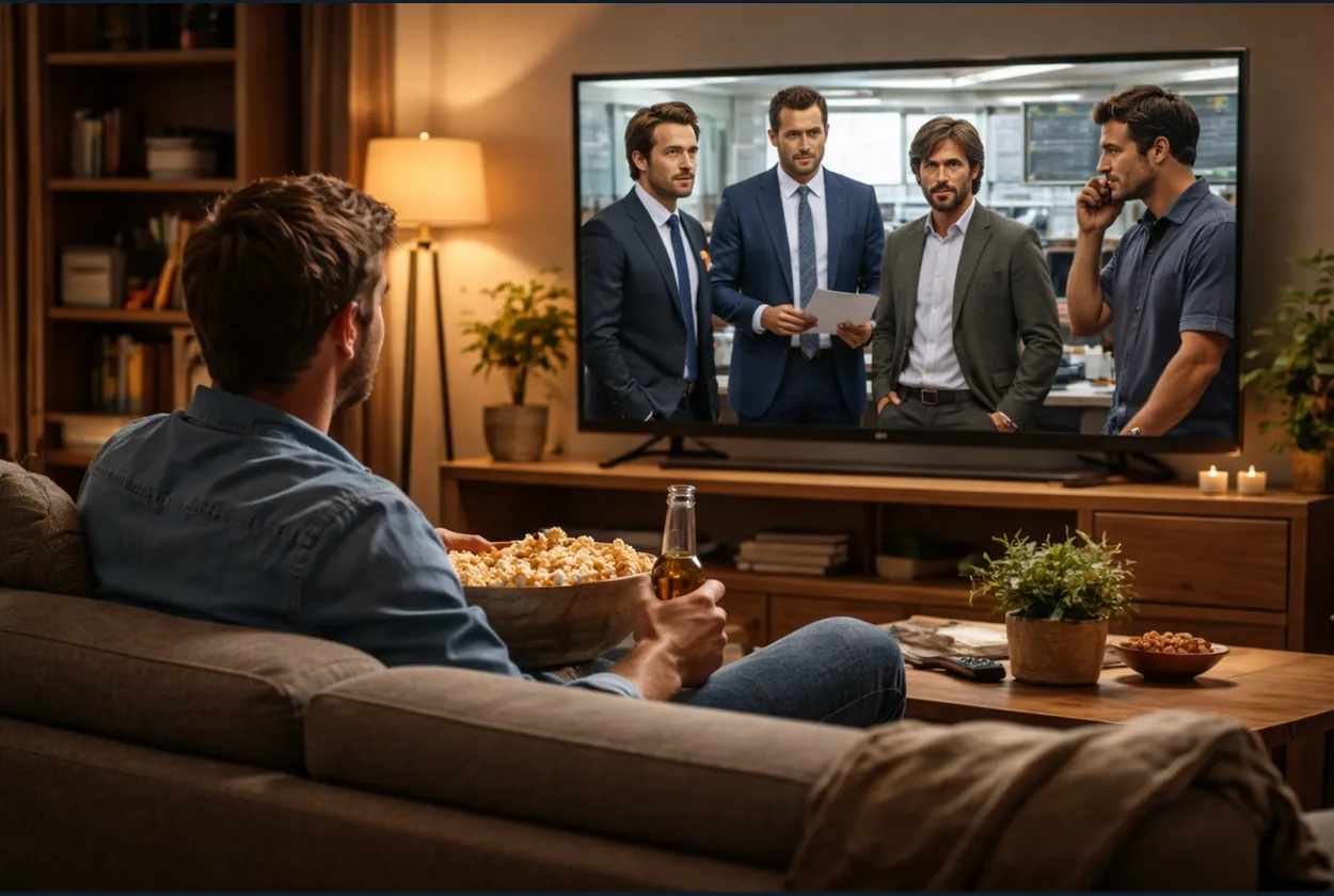 Homem assistindo ao filme A Grande Aposta enquanto analisa conceitos financeiros e investimentos em um ambiente doméstico.