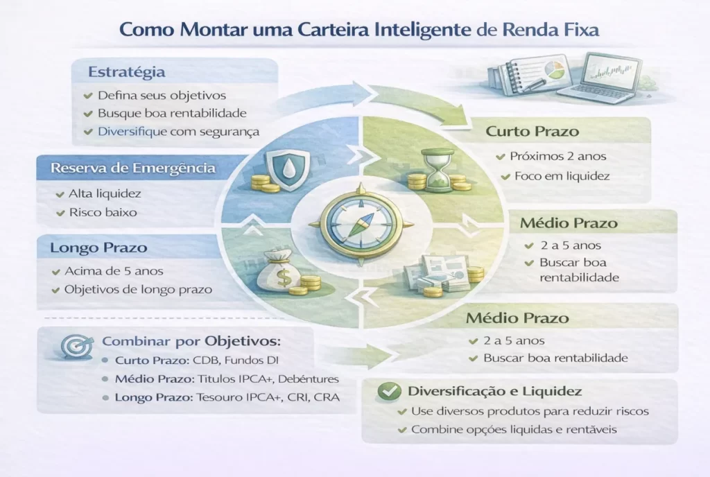 Infográfico ilustrando como montar uma carteira inteligente de renda fixa, com etapas de estratégia, reserva de emergência, curto prazo, médio prazo, longo prazo e diversificação, organizado em círculos e ícones financeiros.