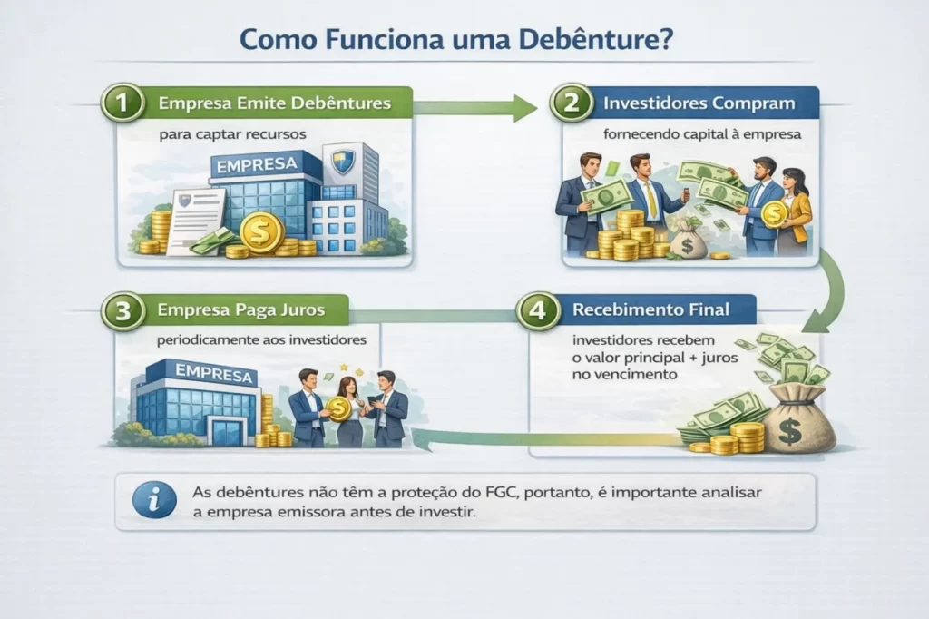 Fluxo ilustrado mostrando como funciona uma debênture, incluindo etapas de emissão, compra por investidores, pagamento de juros e recebimento final.