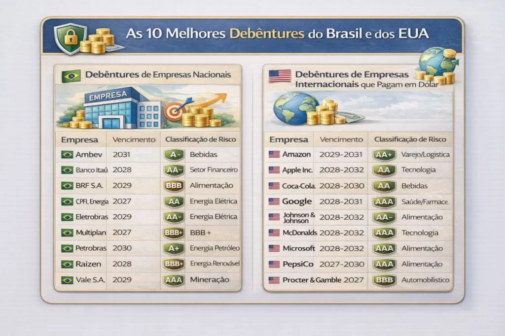 Quadro comparativo mostrando debêntures de empresas brasileiras e dos EUA, com informações de vencimento e classificação de risco, em estilo visual educativo.