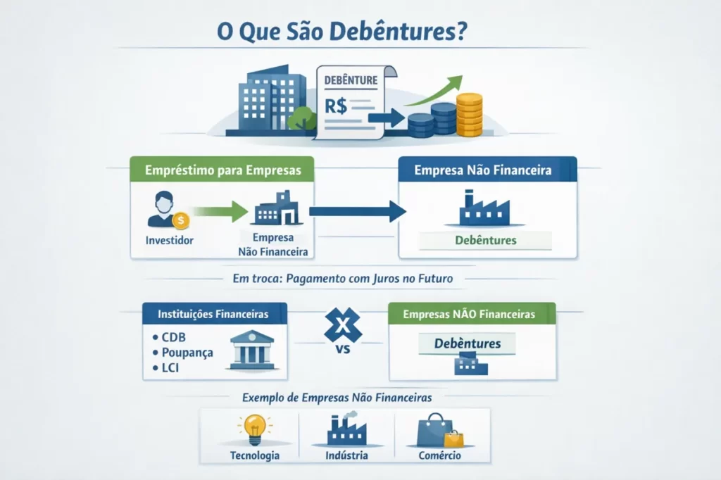 Infográfico explicativo mostrando como funcionam as debêntures, destacando o processo de empréstimo de investidores para empresas não financeiras e a estrutura básica desse tipo de título de renda fixa.