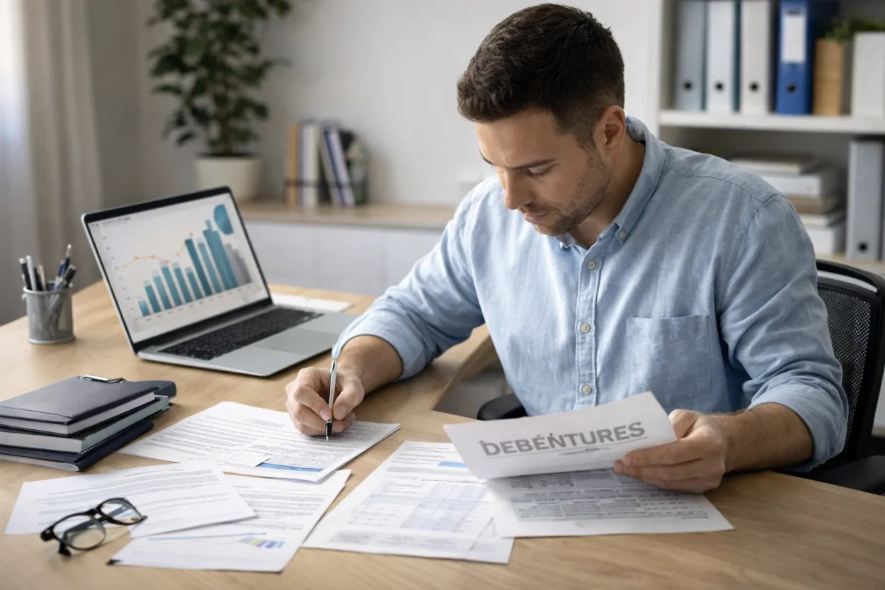 Homem analisando documentos financeiros e gráficos em um escritório, representando estudo sobre debêntures.