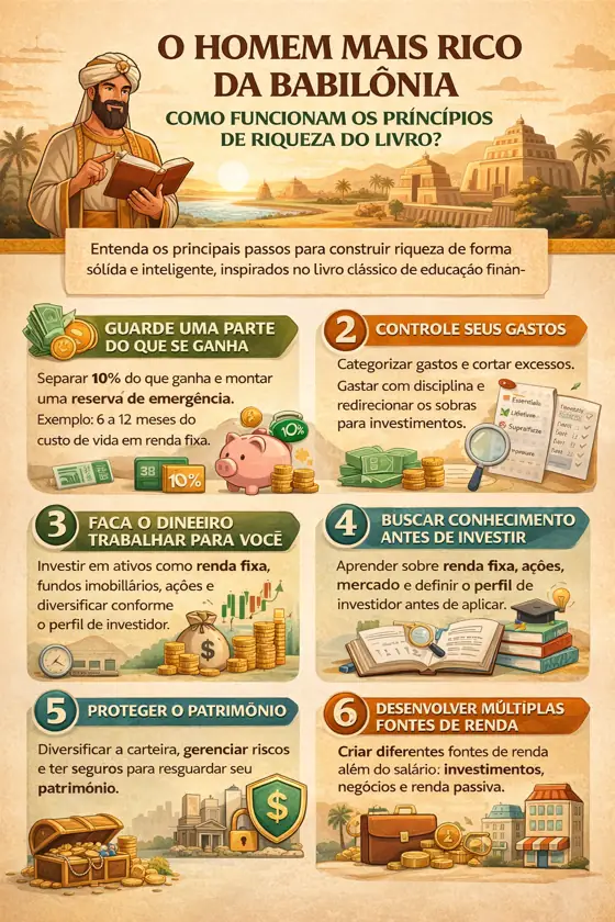 Infográfico ilustrado com os principais princípios financeiros do livro “O Homem Mais Rico da Babilônia”, organizado em seis passos de educação financeira.