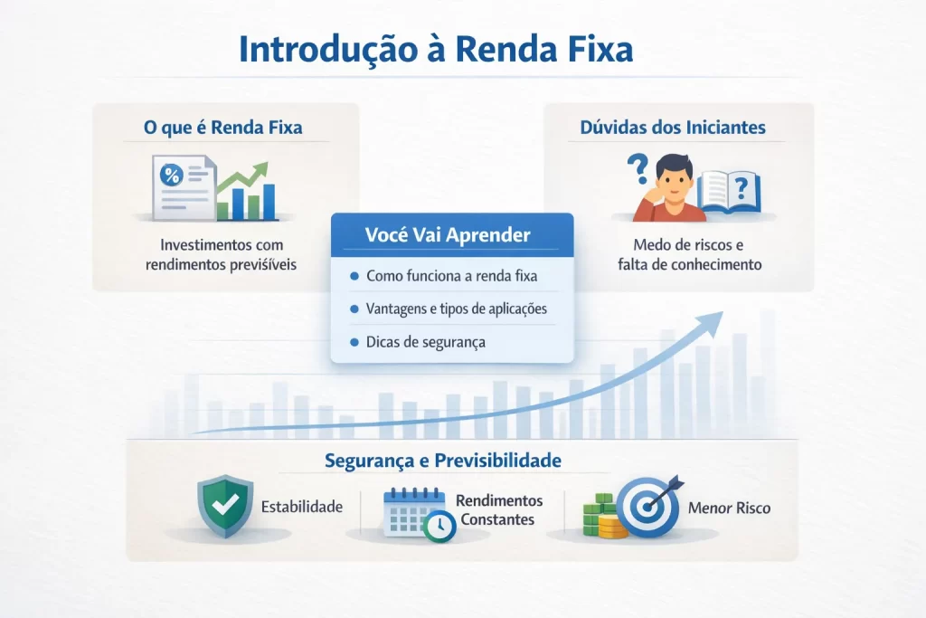 Infográfico explicando o que é renda fixa, dúvidas dos iniciantes e principais benefícios como segurança, previsibilidade e rendimentos constantes.