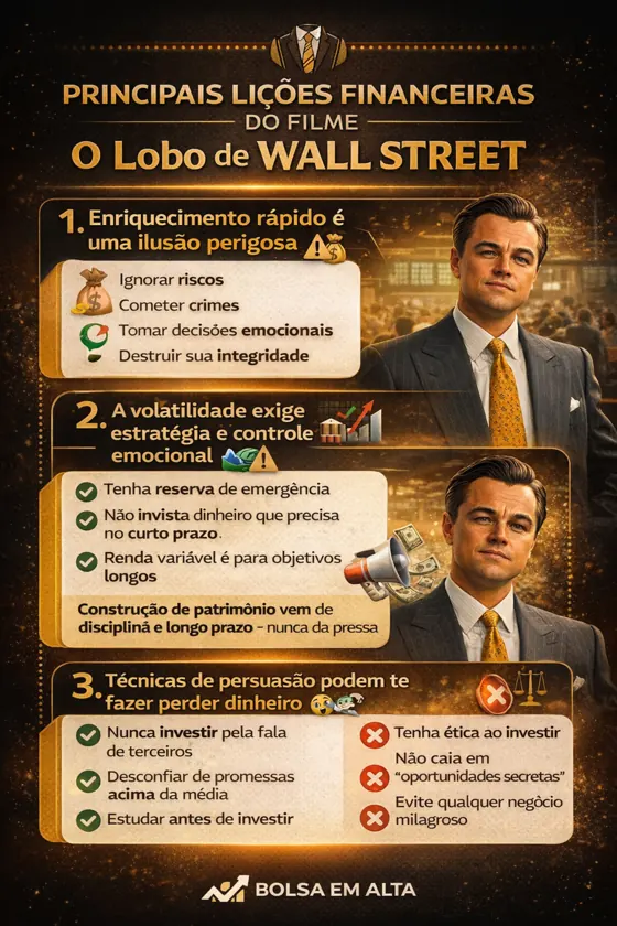 Infográfico sobre as principais lições financeiras do filme O Lobo de Wall Street, incluindo riscos do enriquecimento rápido, volatilidade e importância da ética.