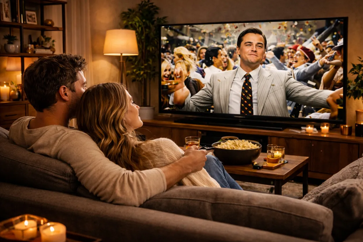 Casal sentado no sofá assistindo a um filme em uma sala aconchegante com iluminação suave.