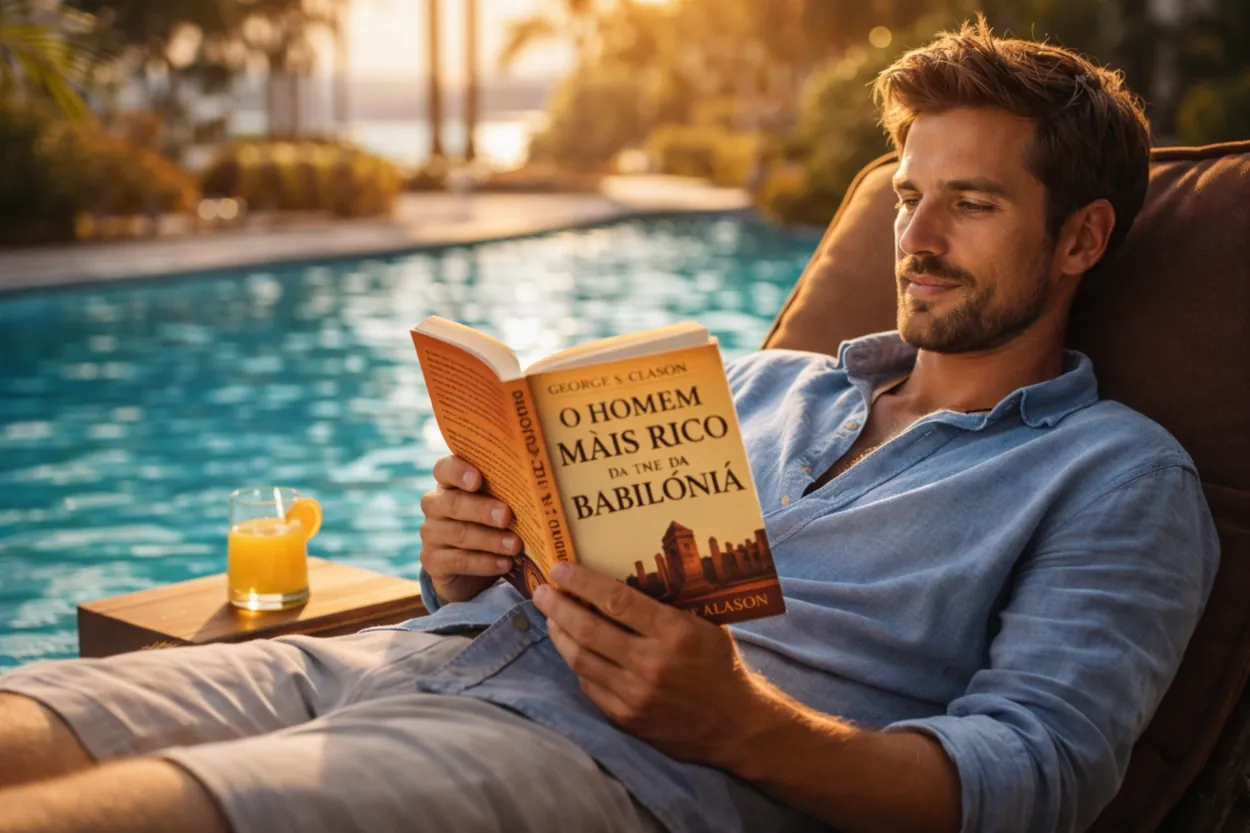 Homem sentado em espreguiçadeira lendo um livro próximo a uma piscina ao ar livre.