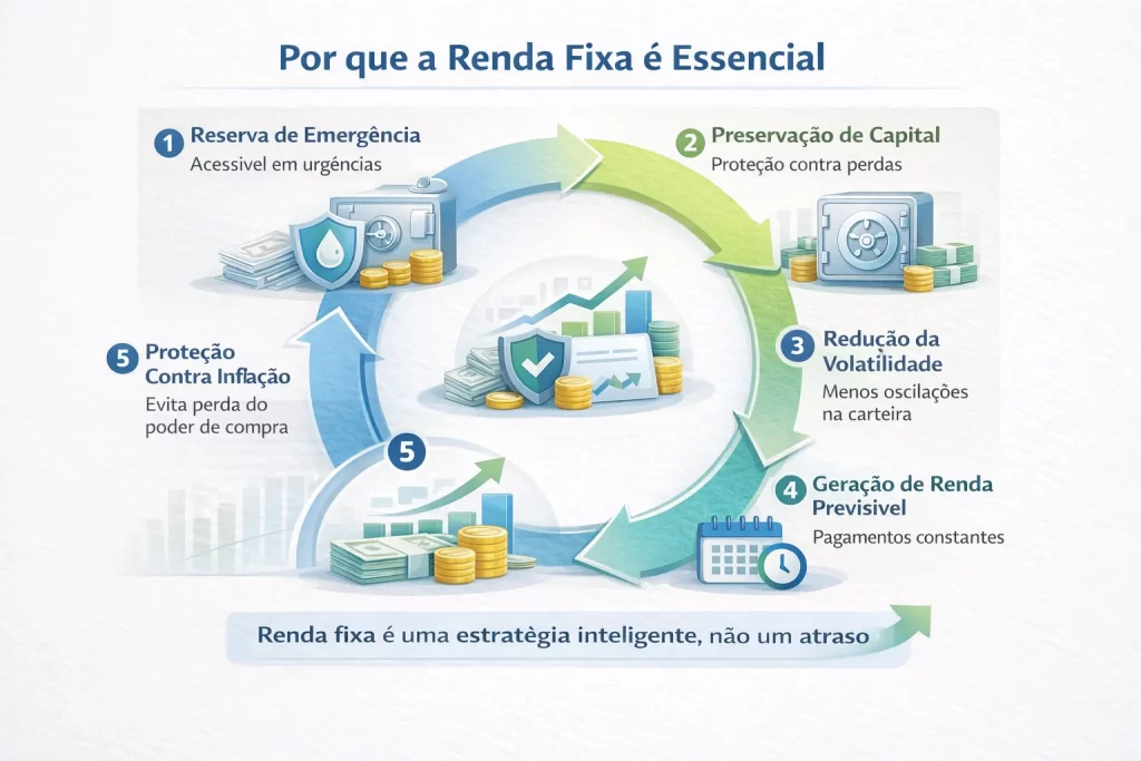 Infográfico mostrando por que a renda fixa é essencial, destacando reserva de emergência, preservação de capital, redução de volatilidade, geração de renda previsível e proteção contra inflação.