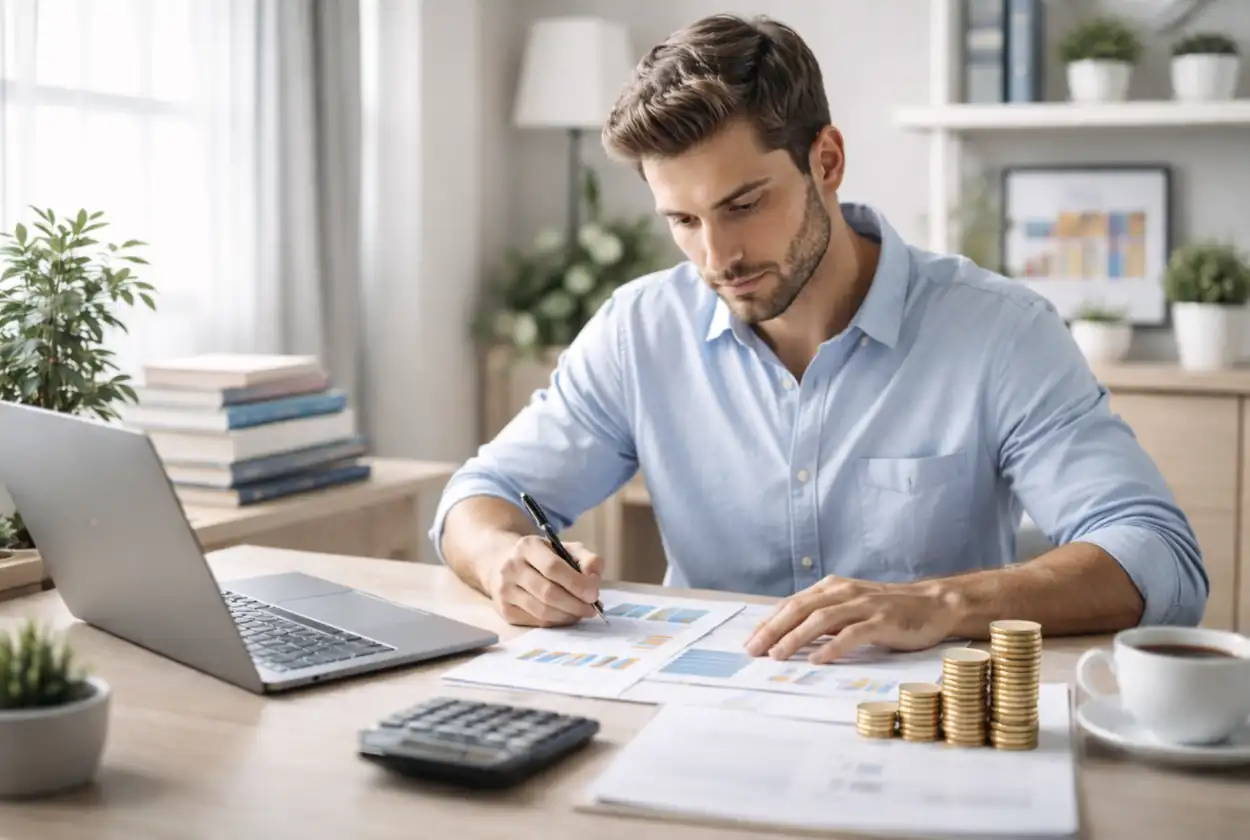 Homem analisando documentos financeiros em uma mesa organizada, representando estudo e planejamento de renda fixa