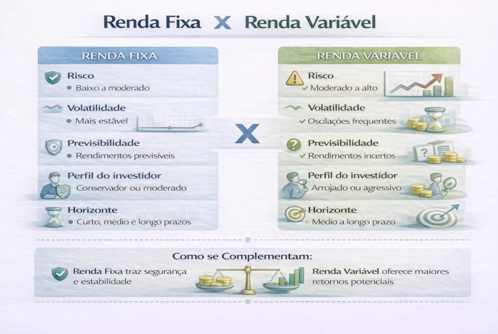 Infográfico comparando Renda Fixa e Renda Variável, destacando risco, volatilidade, previsibilidade, perfil do investidor, horizonte de tempo e como as duas classes se complementam na carteira.