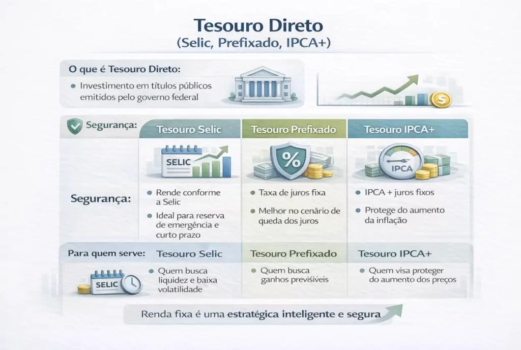 Infográfico explicativo sobre Tesouro Direto, destacando Tesouro Selic, Tesouro Prefixado e Tesouro IPCA+ no contexto da renda fixa.