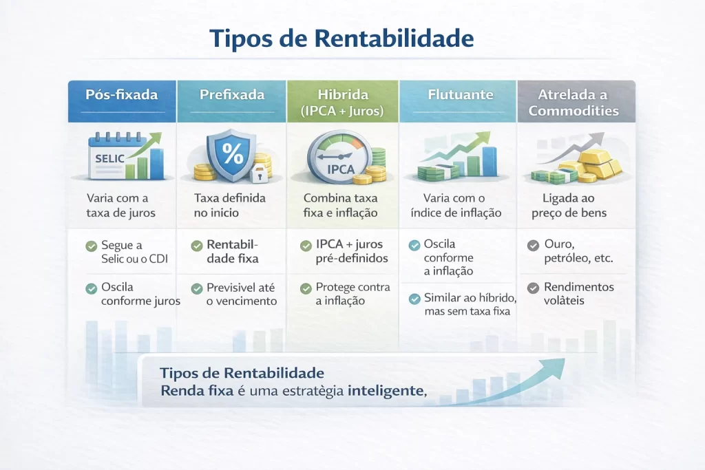 Infográfico apresentando os principais tipos de rentabilidade da renda fixa: pós-fixada, prefixada, híbrida IPCA+ juros, flutuante e atrelada a commodities.