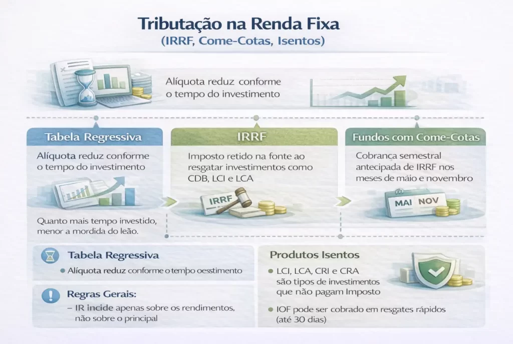 Infográfico educacional mostrando como funciona a tributação na renda fixa, incluindo tabela regressiva, IRRF, fundos com come-cotas e produtos isentos, com ícones financeiros e layout organizado.