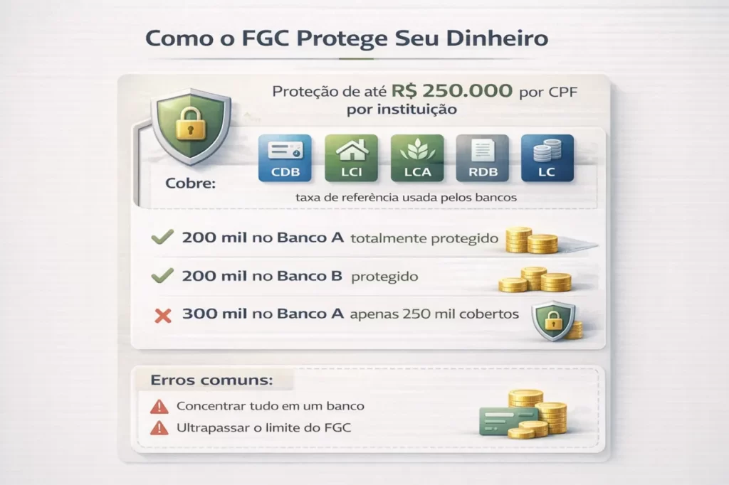 Infográfico mostrando como o FGC protege depósitos financeiros, incluindo limites de cobertura por CPF e exemplos de proteção em diferentes bancos.