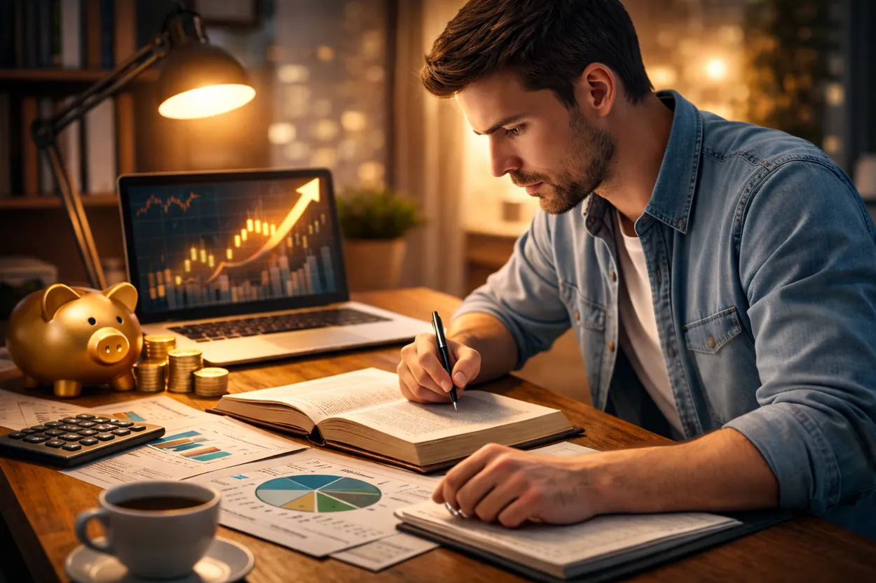 Imagem ilustrativa de estudo e análise do mercado financeiro, representando educação financeira e investimentos conscientes.