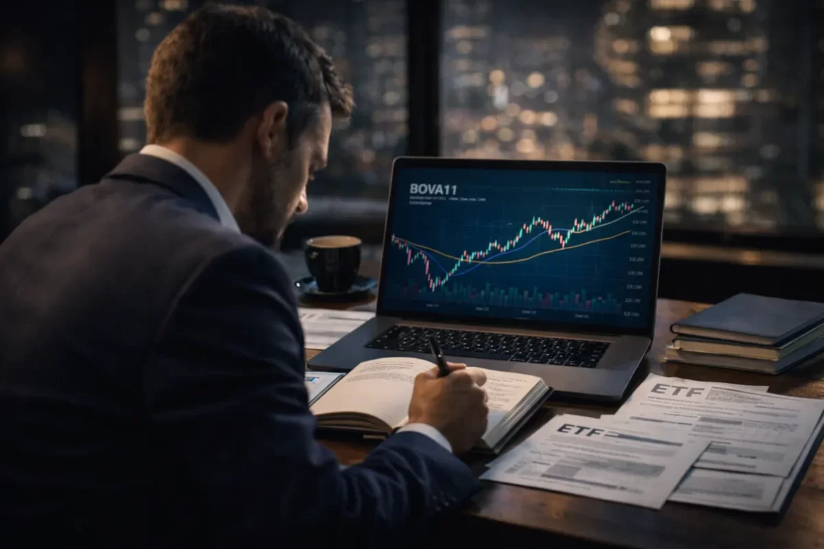 Investidor analisando gráfico financeiro no notebook enquanto faz anotações em um caderno, ao lado de documentos sobre ETFs, em um ambiente profissional noturno com vista urbana iluminada.