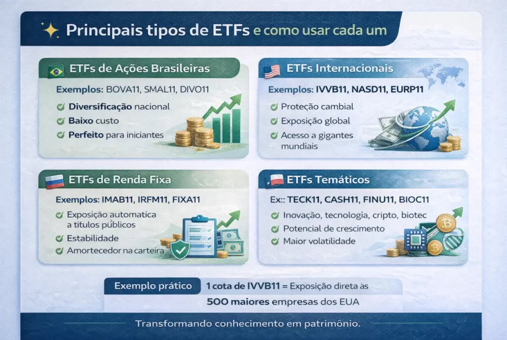Infográfico explicando os principais tipos de ETFs: ações brasileiras, ETFs internacionais, ETFs de renda fixa e ETFs temáticos, com exemplos como BOVA11, IVVB11, IMAB11 e TECK11 e seus usos na carteira do investidor.
