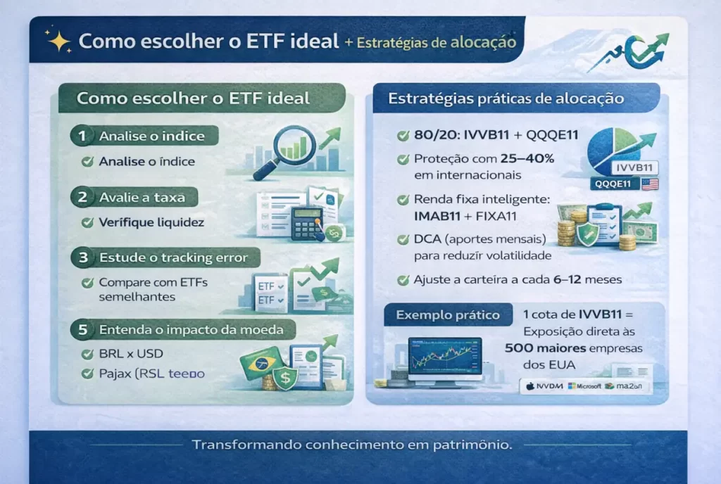 Infográfico explicando como escolher o ETF ideal e estratégias práticas de alocação, apresentando critérios como índice, taxa, liquidez, tracking error e impacto da moeda, além de exemplos como IVVB11, QQQE11, IMAB11 e FIXA11.