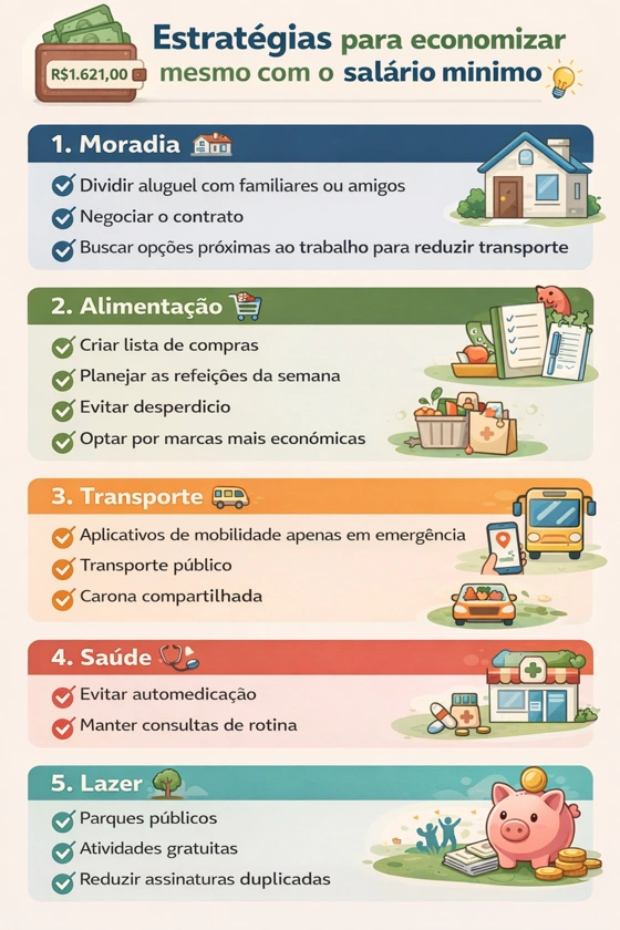 Infográfico com estratégias para economizar e organizar o orçamento mensal com o salário mínimo de R$ 1.621, incluindo dicas de moradia, alimentação, transporte, saúde e lazer.