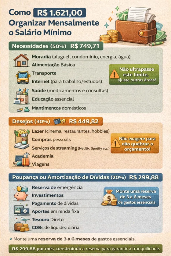 Infográfico mostrando como organizar um salário mínimo de R$ 1.621,00 em necessidades, desejos e poupança mensal.