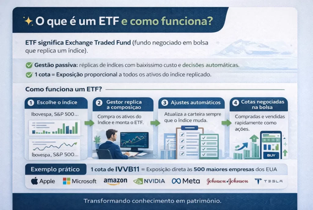 Infográfico explicando o que é um ETF e como funciona, mostrando o conceito de gestão passiva, exposição ao índice, etapas de funcionamento e exemplos como IVVB11, Apple, Microsoft, Amazon, Nvidia, Meta, Johnson & Johnson e Tesla.