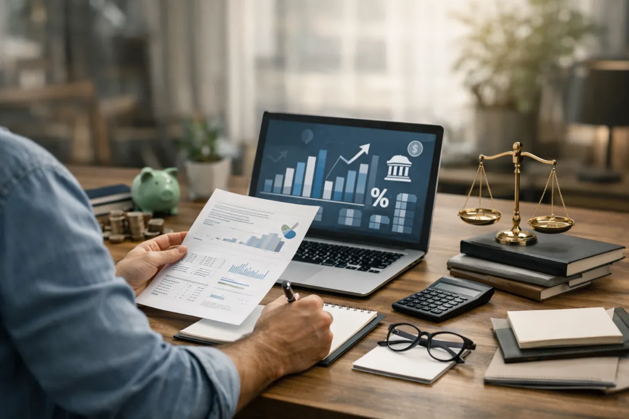 Profissional analisando gráficos financeiros e relatórios de investimentos em um escritório, com notebook exibindo indicadores de mercado.