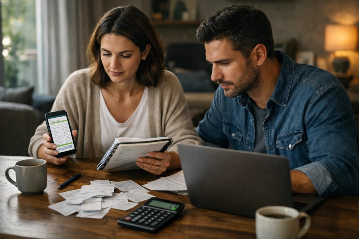 Casal organizando contas mensais com celular, notebook, recibos e calculadora sobre a mesa, em ambiente doméstico bem iluminado.