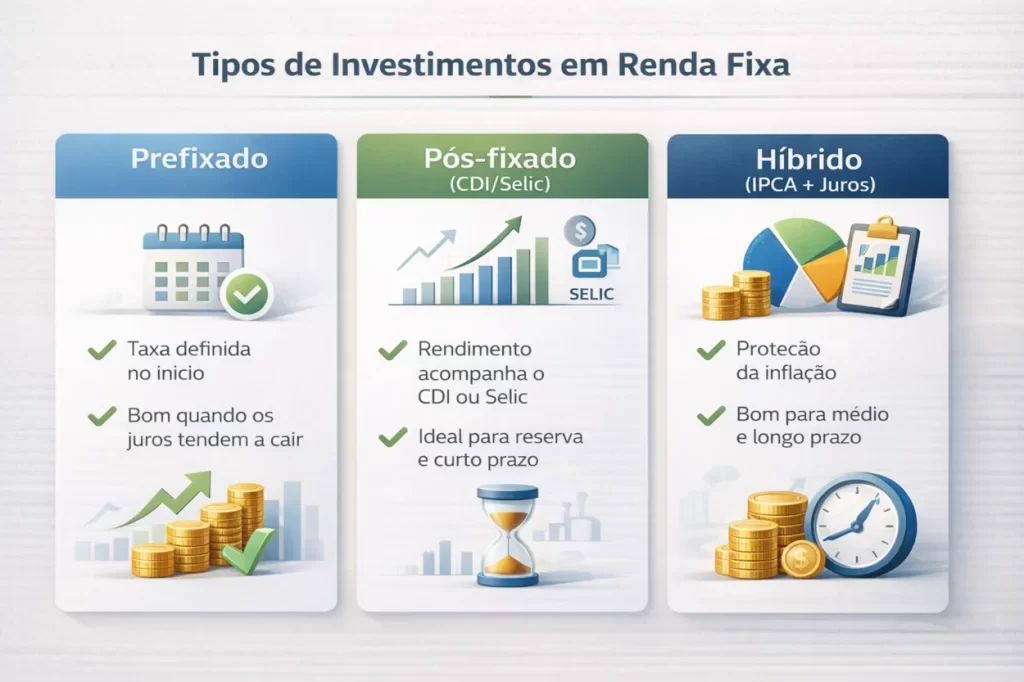 Infográfico mostrando tipos de investimentos em renda fixa, com categorias prefixado, pós-fixado e híbrido.