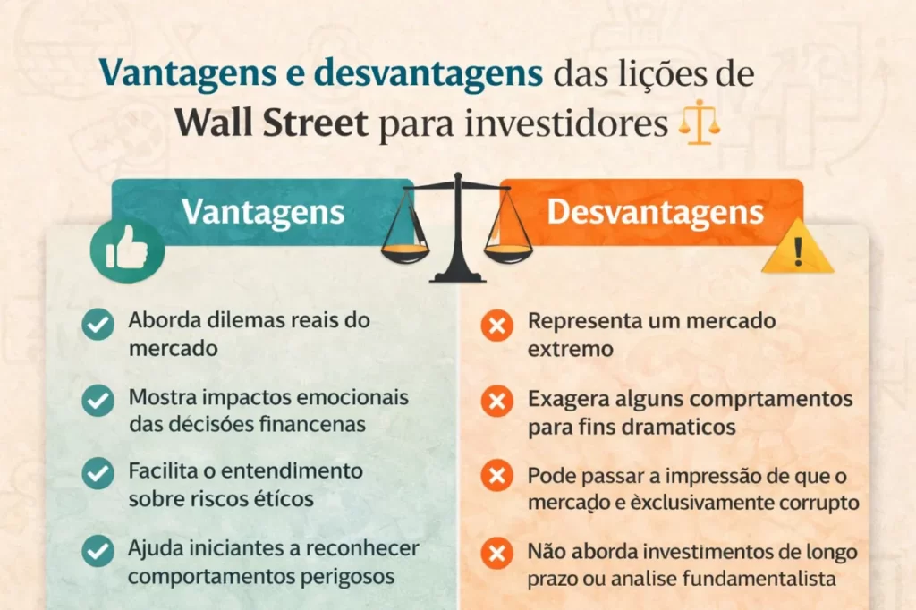 Infográfico comparando as vantagens e desvantagens das lições do filme Wall Street para investidores, destacando pontos positivos e limitações relacionadas ao comportamento financeiro.