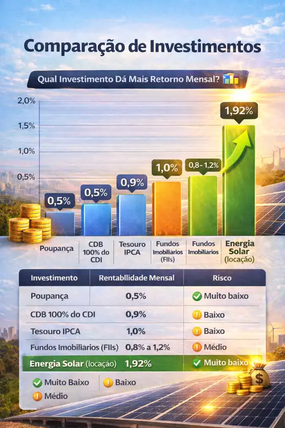 Gráfico comparativo de investimentos mostrando a rentabilidade mensal da poupança, CDB, Tesouro IPCA, fundos imobiliários e energia solar por locação, destacando energia solar como maior retorno.