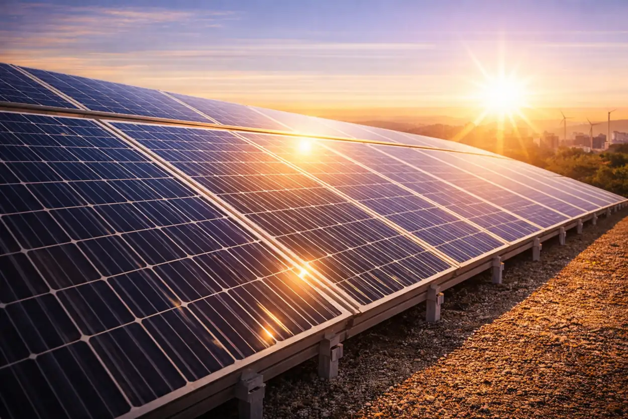 Painéis solares captando energia durante o pôr do sol em uma usina fotovoltaica moderna.