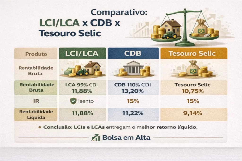 Infográfico comparando os tipos de LCI e LCA — pós-fixadas, prefixadas e híbridas — mostrando qual modalidade pode ser melhor para cada investidor na renda fixa.