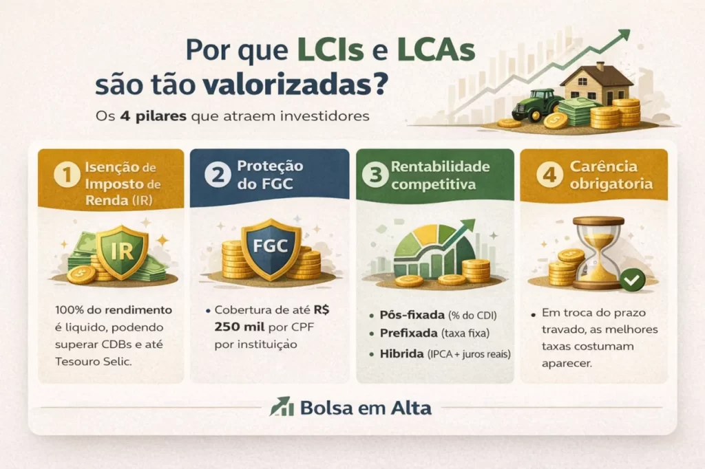 Infográfico mostrando os quatro motivos que tornam LCIs e LCAs tão valorizadas: isenção de IR, proteção do FGC, rentabilidade competitiva e carência obrigatória.