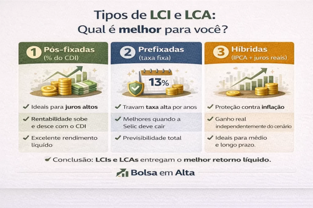 Infográfico explicando os três tipos de LCI e LCA — pós-fixadas, prefixadas e híbridas — com suas principais características e vantagens para o investidor.