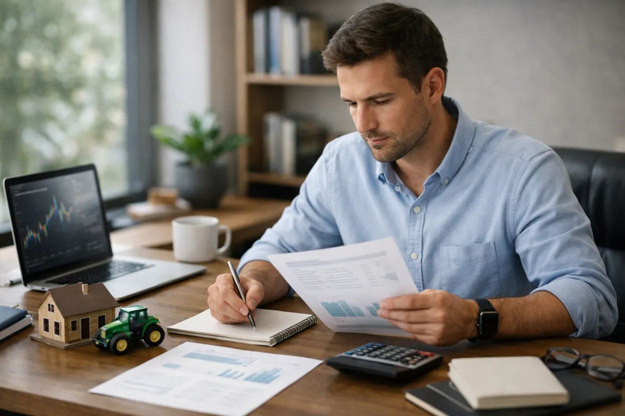 Homem analisando documentos financeiros em mesa de trabalho, representando estudo e planejamento de investimentos como LCI e LCA.