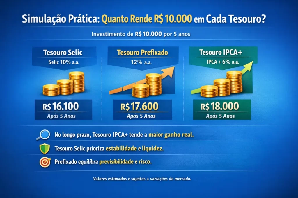 Gráfico comparativo mostrando uma simulação de rendimento de R$ 10.000 no Tesouro Selic, Tesouro Prefixado e Tesouro IPCA+ ao longo de 5 anos, com valores estimados de retorno em cada título.