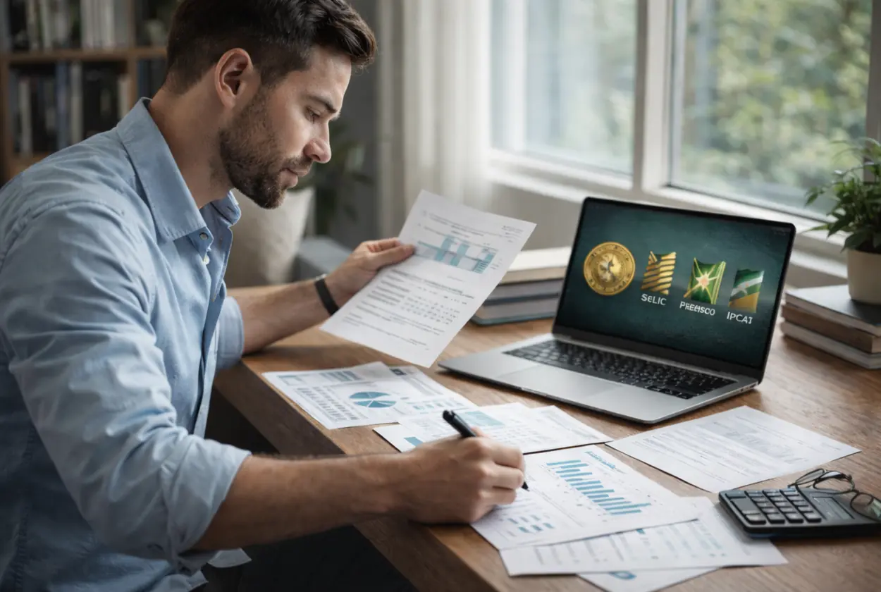 Homem analisando documentos financeiros em um escritório, com foco em estudo e planejamento de investimentos.